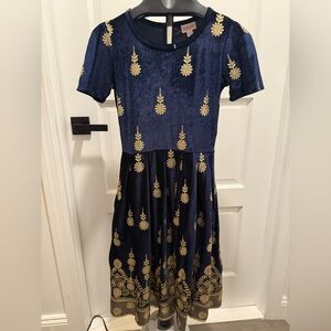 LulaRoe Amelia Navy Blue and Gold Dress
